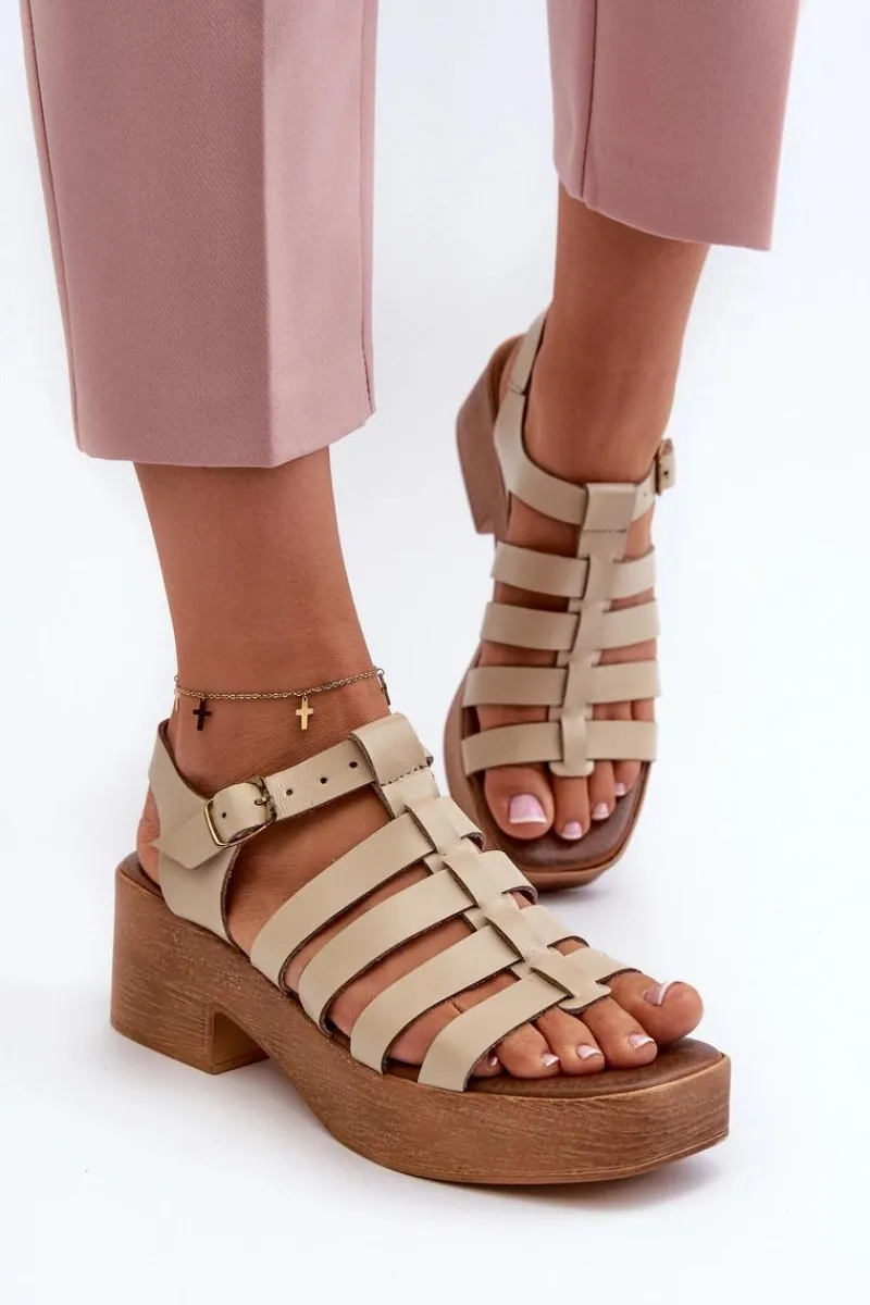 Sandały Na Obcasie>Zazoo 40410 Skórzane Sandały Damskie Beżowe Beżowy