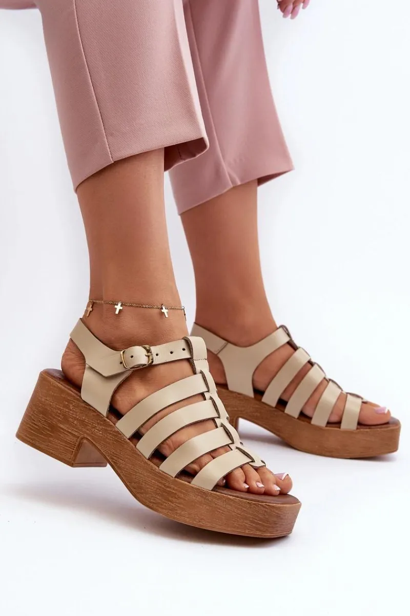 Sandały Na Obcasie>Zazoo 40410 Skórzane Sandały Damskie Beżowe Beżowy