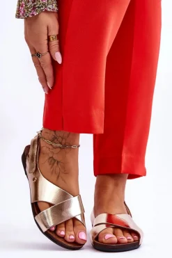 Discount Zazoo 40141 Skórzane Sandały Na Rzep Złote Złoty