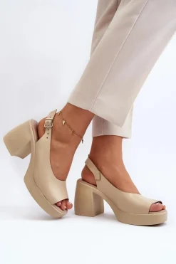 Discount Zazoo 40376 Skórzane Sandały Na Masywnym Obcasie Beżowe Beżowy