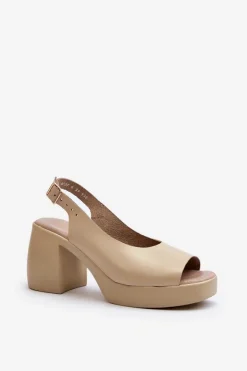 Discount Zazoo 40376 Skórzane Sandały Na Masywnym Obcasie Beżowe Beżowy