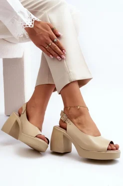 Discount Zazoo 40376 Skórzane Sandały Na Masywnym Obcasie Beżowe Beżowy