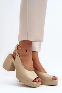 Discount Zazoo 40376 Skórzane Sandały Na Masywnym Obcasie Beżowe Beżowy