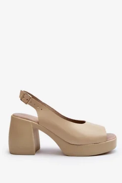 Discount Zazoo 40376 Skórzane Sandały Na Masywnym Obcasie Beżowe Beżowy