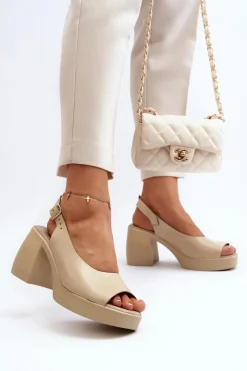 Discount Zazoo 40376 Skórzane Sandały Na Masywnym Obcasie Beżowe Beżowy