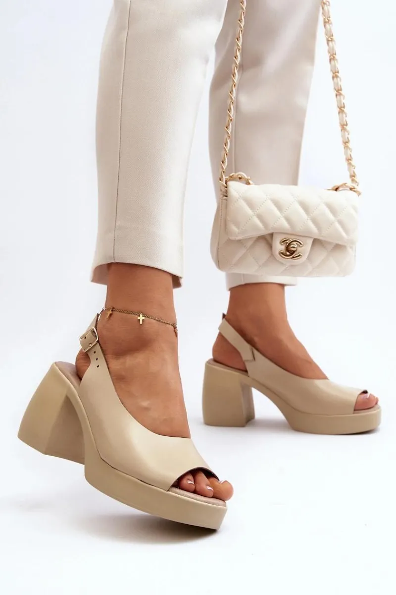 Discount Zazoo 40376 Skórzane Sandały Na Masywnym Obcasie Beżowe Beżowy