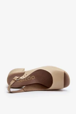 Discount Zazoo 40376 Skórzane Sandały Na Masywnym Obcasie Beżowe Beżowy
