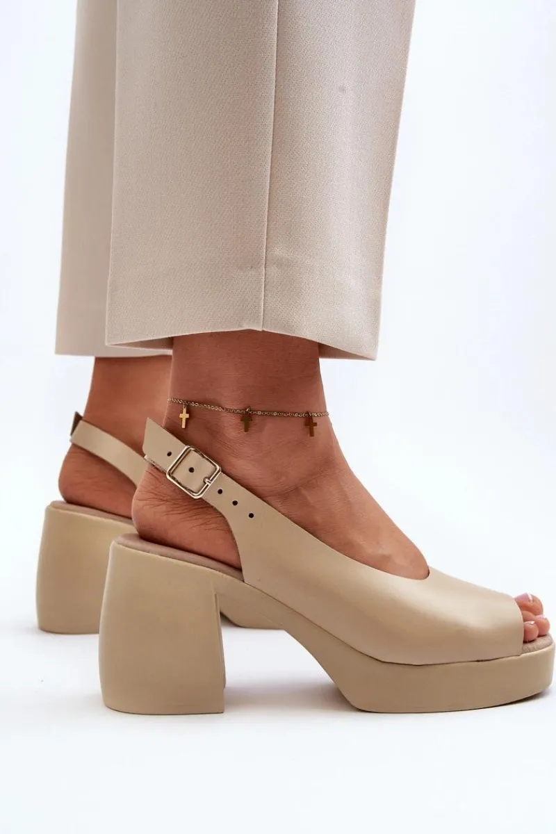 Discount Zazoo 40376 Skórzane Sandały Na Masywnym Obcasie Beżowe Beżowy