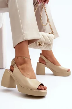 Discount Zazoo 40376 Skórzane Sandały Na Masywnym Obcasie Beżowe Beżowy