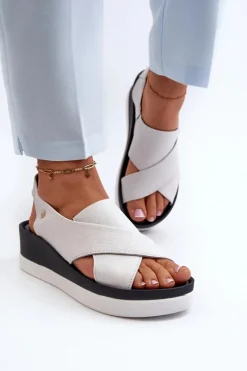 Discount 40256 Skórzane Sandały Na Koturnie Białe Damskie Sandały Na Obcasie|Sandały Na Koturnie