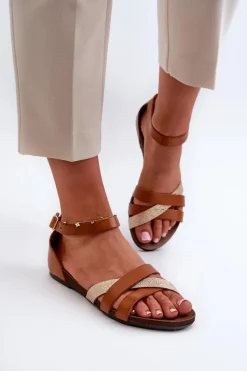 Best Zazoo 40225 Skórzane Sandały Na Płaskim Obcasie Brązowe