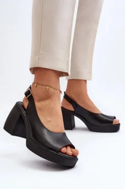 Discount Zazoo 40376 Skórzane Sandały Na Masywnym Obcasie Czarne Czarny