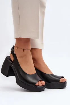 Discount Zazoo 40376 Skórzane Sandały Na Masywnym Obcasie Czarne Czarny