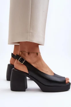 Discount Zazoo 40376 Skórzane Sandały Na Masywnym Obcasie Czarne Czarny