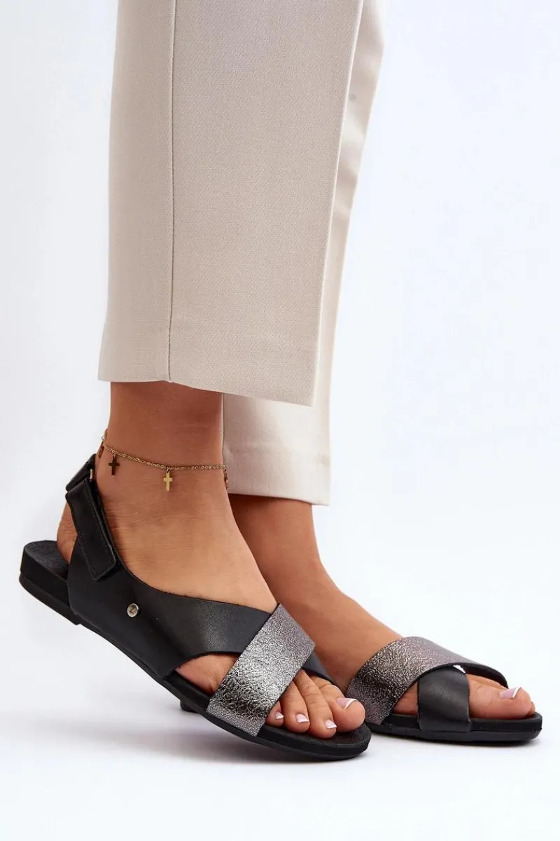 Best Zazoo 40141 Skórzane Sandały Na Rzep Czarne Czarny