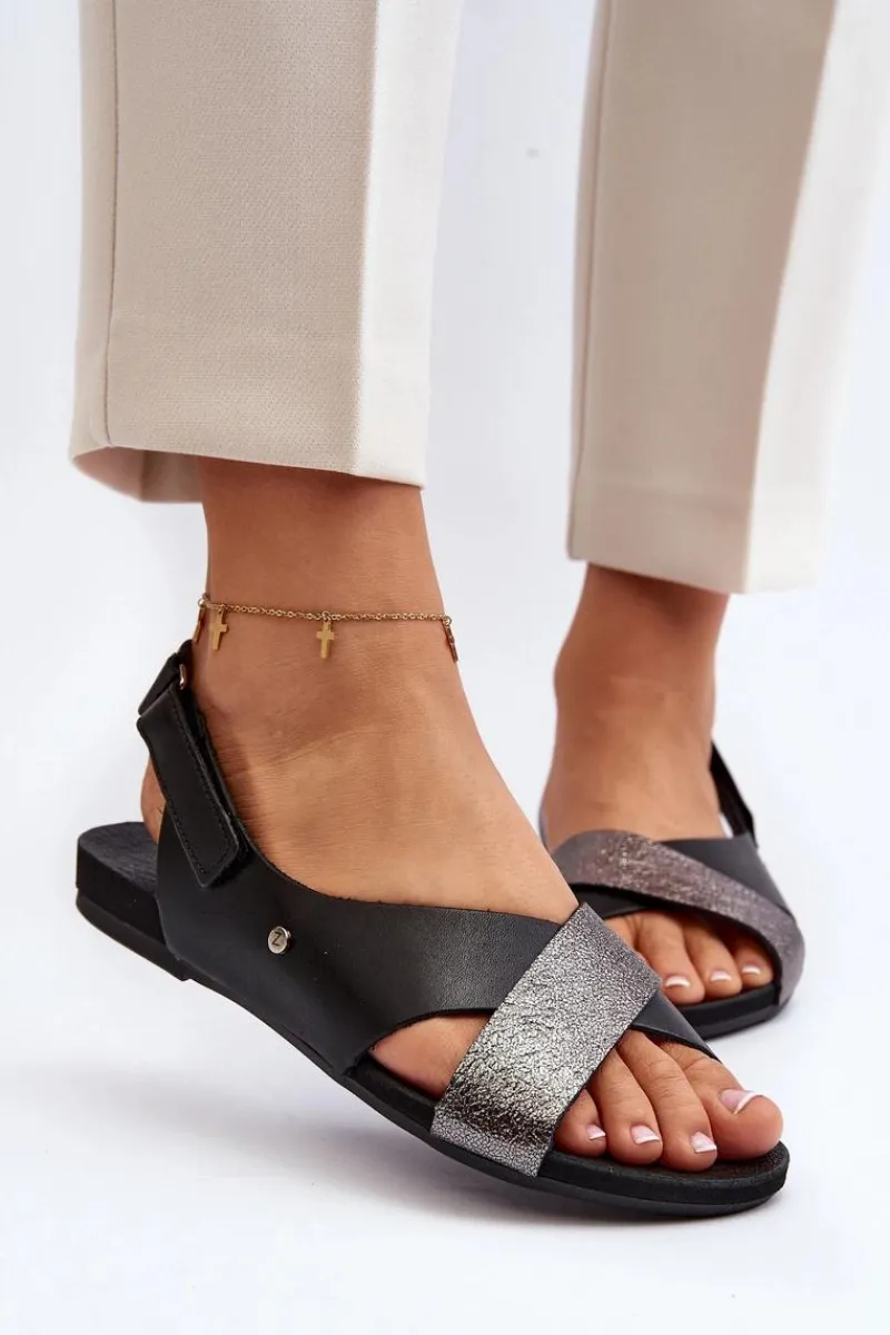 Best Zazoo 40141 Skórzane Sandały Na Rzep Czarne Czarny