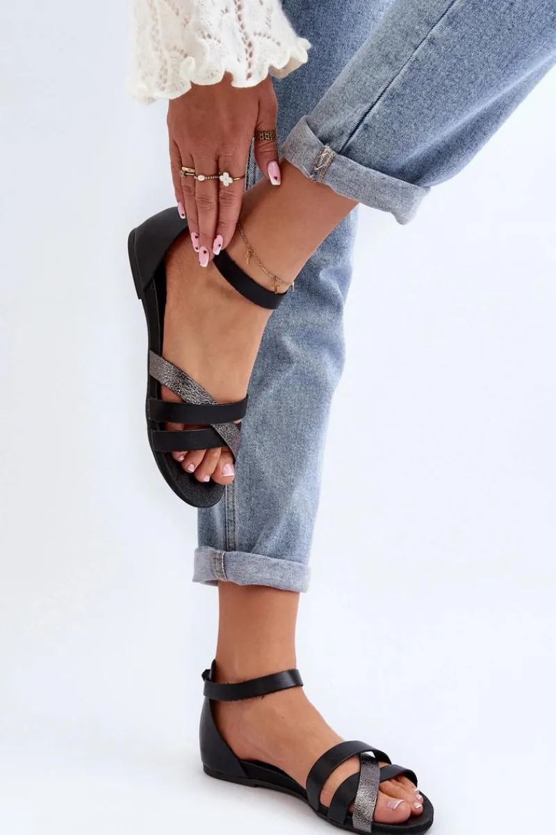 Sandały Płaskie>Zazoo 40225 Skórzane Sandały Na Płaskim Obcasie Czarne