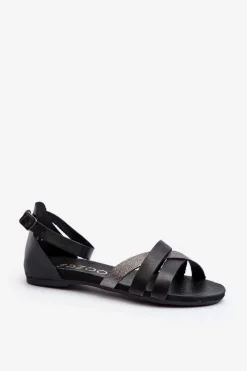 Sandały Płaskie>Zazoo 40225 Skórzane Sandały Na Płaskim Obcasie Czarne