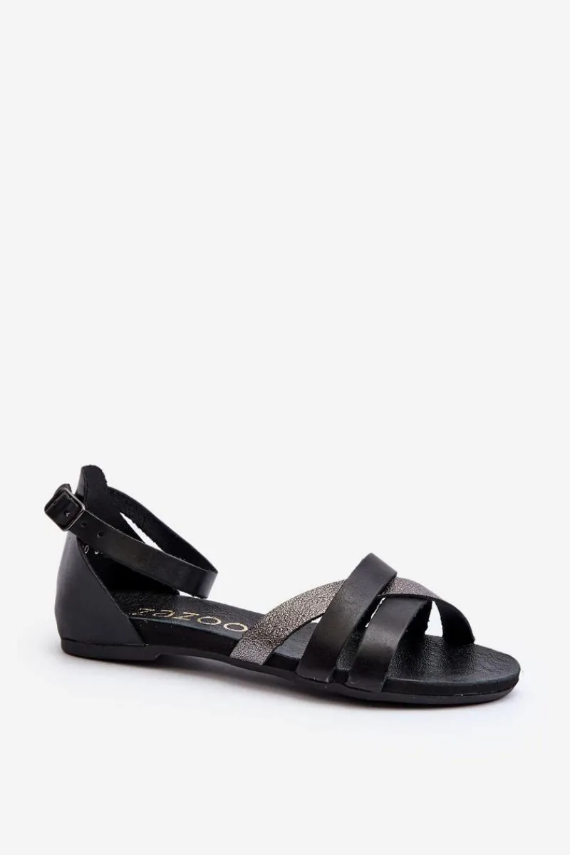Sandały Płaskie>Zazoo 40225 Skórzane Sandały Na Płaskim Obcasie Czarne