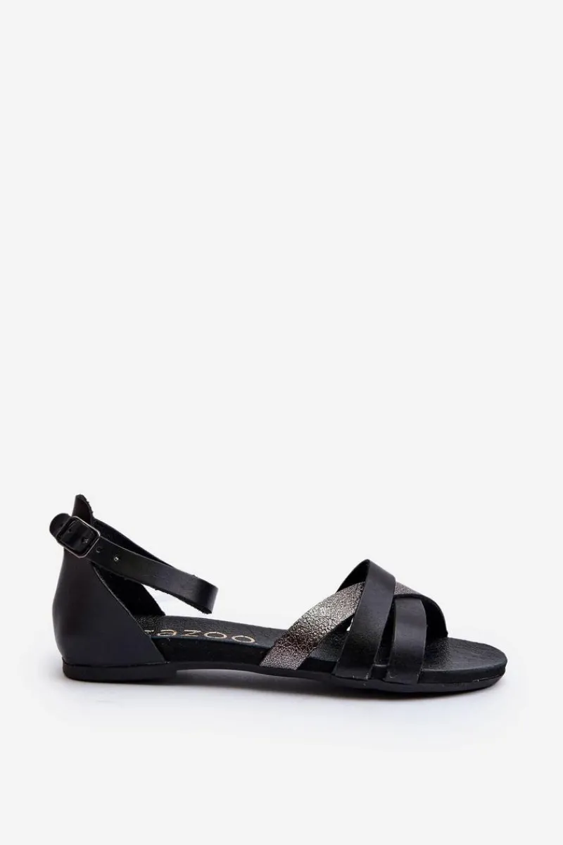 Sandały Płaskie>Zazoo 40225 Skórzane Sandały Na Płaskim Obcasie Czarne