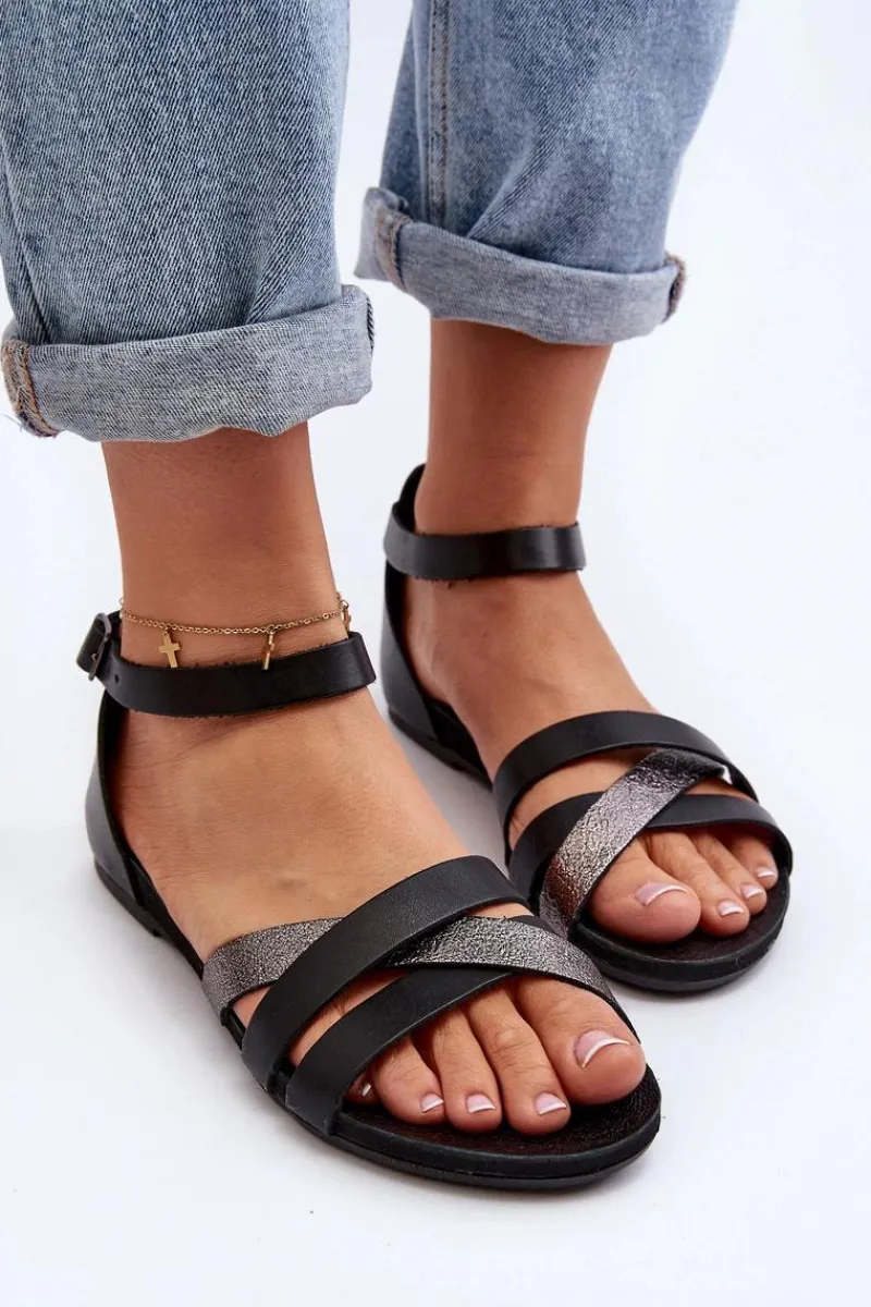 Sandały Płaskie>Zazoo 40225 Skórzane Sandały Na Płaskim Obcasie Czarne