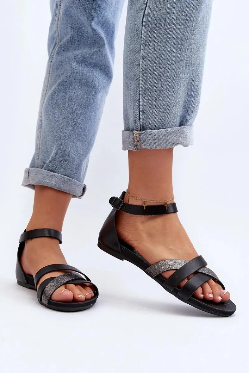 Sandały Płaskie>Zazoo 40225 Skórzane Sandały Na Płaskim Obcasie Czarne