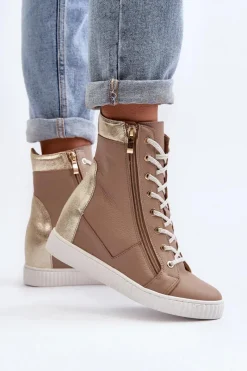 Trampki Damskie Wysokie>Zazoo 3081 Skórzane Trampki Damskie Na Koturnie Beżowe Beżowy