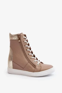 Trampki Damskie Wysokie>Zazoo 3081 Skórzane Trampki Damskie Na Koturnie Beżowe Beżowy