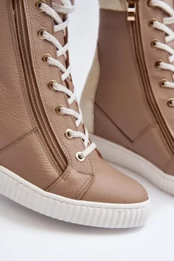 Trampki Damskie Wysokie></noscript>Zazoo 3081 Skórzane Trampki Damskie Na Koturnie Beżowe Beżowy