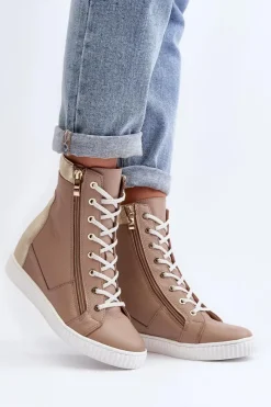 Trampki Damskie Wysokie></noscript>Zazoo 3081 Skórzane Trampki Damskie Na Koturnie Beżowe Beżowy