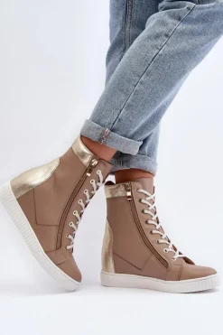 Trampki Damskie Wysokie></noscript>Zazoo 3081 Skórzane Trampki Damskie Na Koturnie Beżowe Beżowy