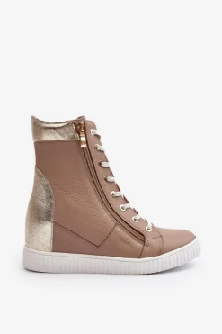 Trampki Damskie Wysokie></noscript>Zazoo 3081 Skórzane Trampki Damskie Na Koturnie Beżowe Beżowy