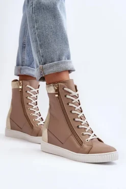 Trampki Damskie Wysokie></noscript>Zazoo 3081 Skórzane Trampki Damskie Na Koturnie Beżowe Beżowy