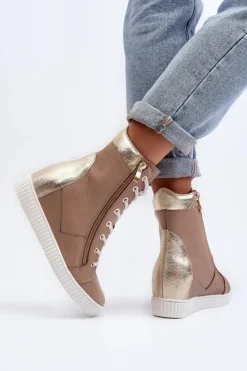 Trampki Damskie Wysokie></noscript>Zazoo 3081 Skórzane Trampki Damskie Na Koturnie Beżowe Beżowy