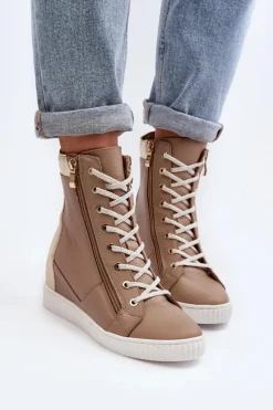 Trampki Damskie Wysokie></noscript>Zazoo 3081 Skórzane Trampki Damskie Na Koturnie Beżowe Beżowy