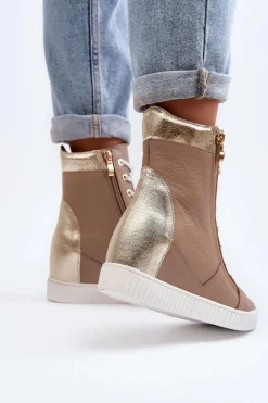 Trampki Damskie Wysokie></noscript>Zazoo 3081 Skórzane Trampki Damskie Na Koturnie Beżowe Beżowy