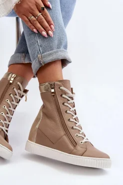 Trampki Damskie Wysokie></noscript>Zazoo 3081 Skórzane Trampki Damskie Na Koturnie Beżowe Beżowy