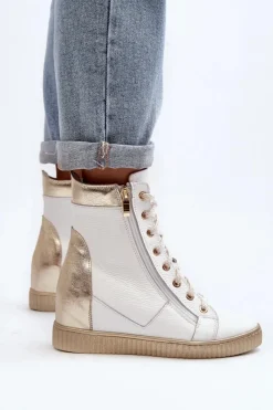 Clearance Zazoo 3081 Skórzane Trampki Damskie Na Koturnie Białe