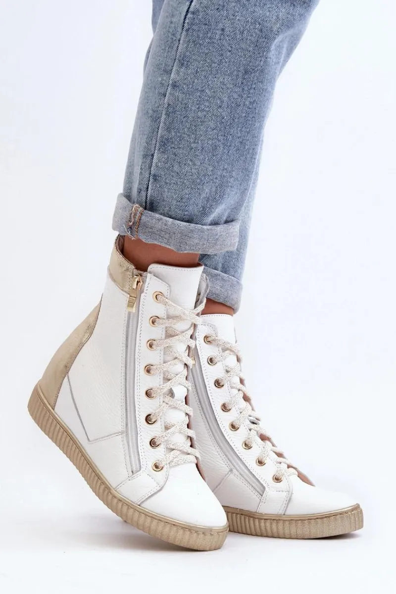 Clearance Zazoo 3081 Skórzane Trampki Damskie Na Koturnie Białe