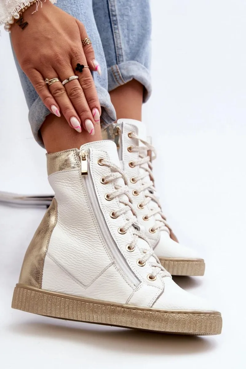 Clearance Zazoo 3081 Skórzane Trampki Damskie Na Koturnie Białe