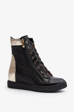 Discount Zazoo 3081 Skórzane Trampki Damskie Na Koturnie Czarne Czarny