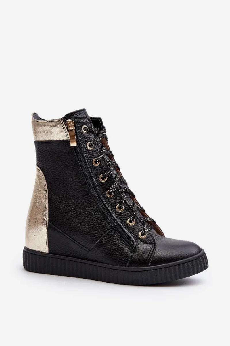 Discount Zazoo 3081 Skórzane Trampki Damskie Na Koturnie Czarne Czarny