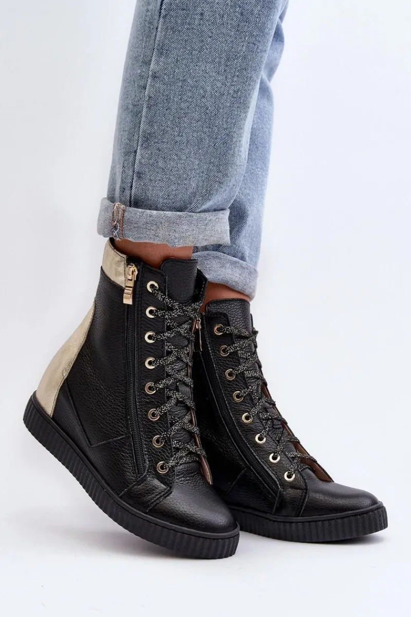 Discount Zazoo 3081 Skórzane Trampki Damskie Na Koturnie Czarne Czarny