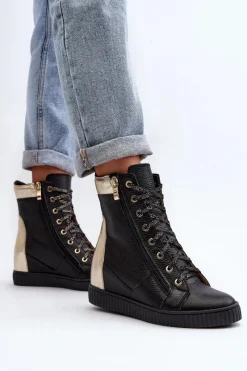 Discount Zazoo 3081 Skórzane Trampki Damskie Na Koturnie Czarne Czarny