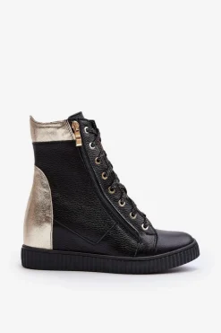 Discount Zazoo 3081 Skórzane Trampki Damskie Na Koturnie Czarne Czarny