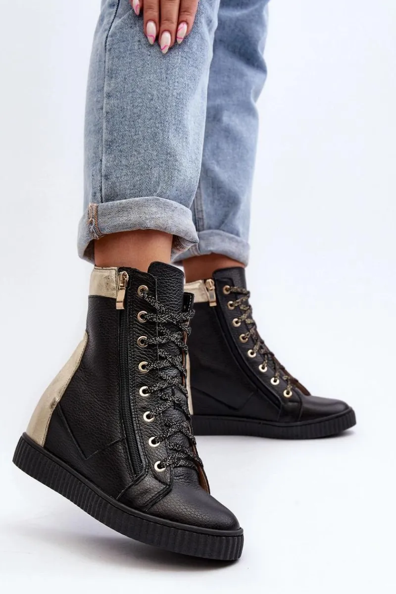 Discount Zazoo 3081 Skórzane Trampki Damskie Na Koturnie Czarne Czarny