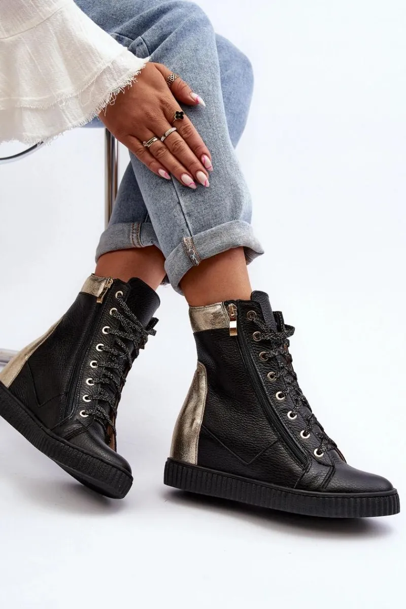 Discount Zazoo 3081 Skórzane Trampki Damskie Na Koturnie Czarne Czarny