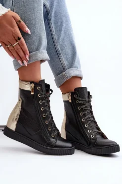 Discount Zazoo 3081 Skórzane Trampki Damskie Na Koturnie Czarne Czarny