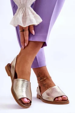 Sandały Płaskie>Zazoo 40327 Skórzane Wsuwane Sandały Złote Złoty