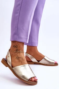 Sandały Płaskie></noscript>Zazoo 40327 Skórzane Wsuwane Sandały Złote Złoty